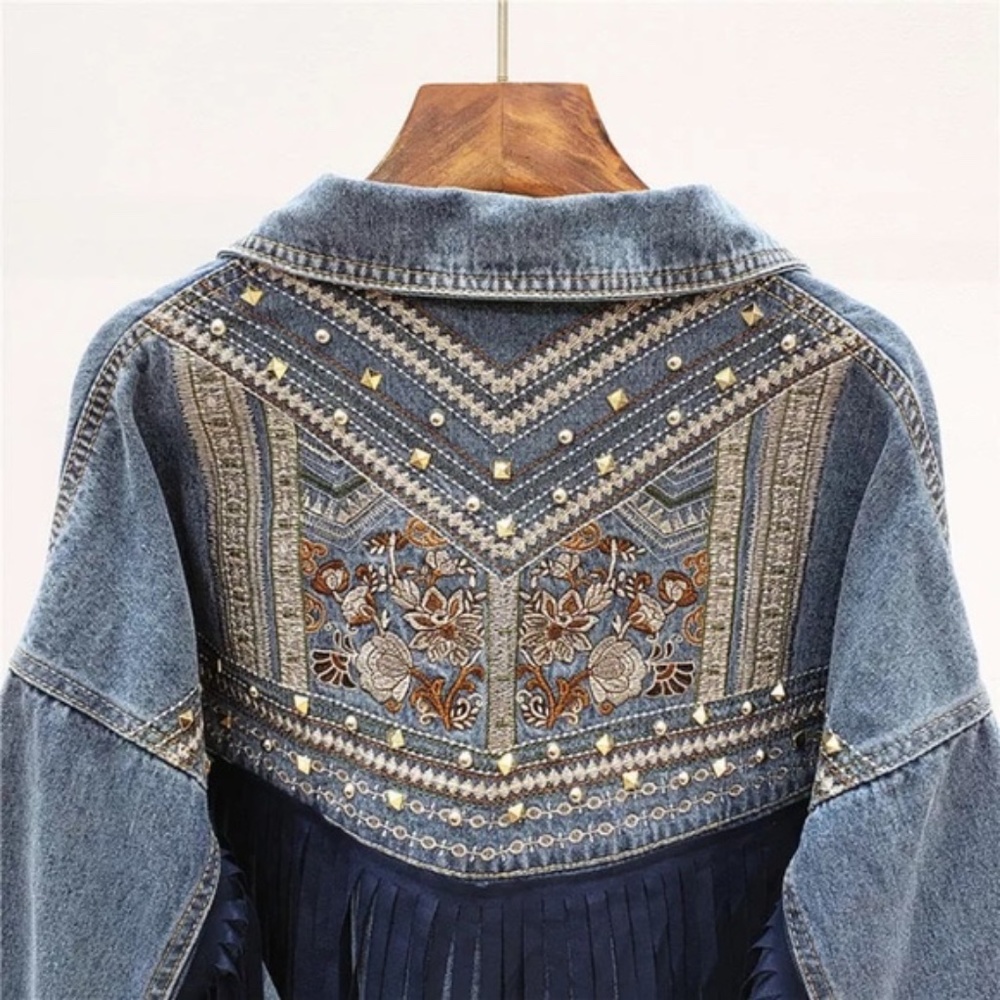 SOLD OUT Oversized Denim Stud Fringe Embroidered Jacket - Picture 1 of 6